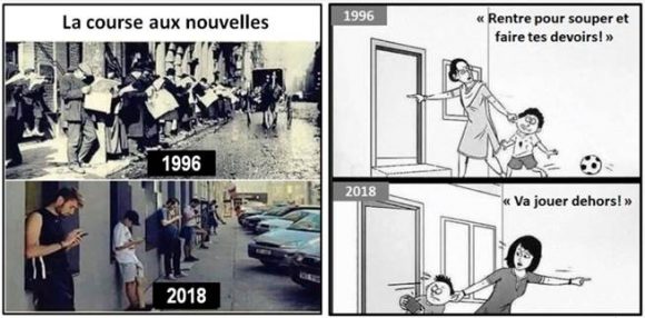 Trái, đọc tin năm 1996 và 2018. Phải, bà mẹ năm 1996 với đứa con mải chơi đá bóng: “Vô nhà ăn cơm rồi còn làm bài!” Bà mẹ 2018 với thằng con suốt ngày chơi game trên điện thoại: “Ra ngoài chơi!”